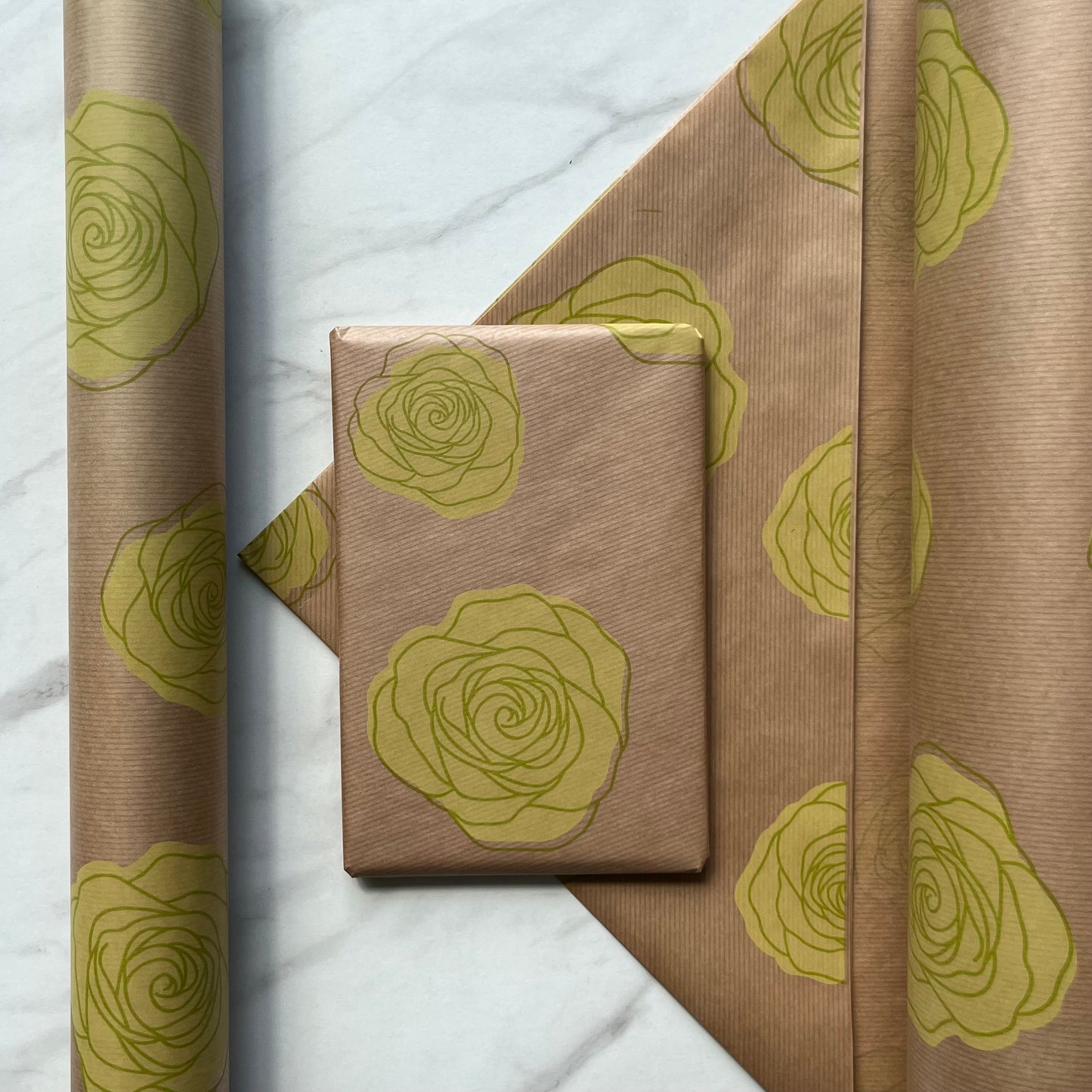 Wrapping Paper Lime Green Roses 50CM Wide Eco Friendly, 100% Recycled Kraft | Recyclable, Sustainable, Plastic Free Gift Wrap