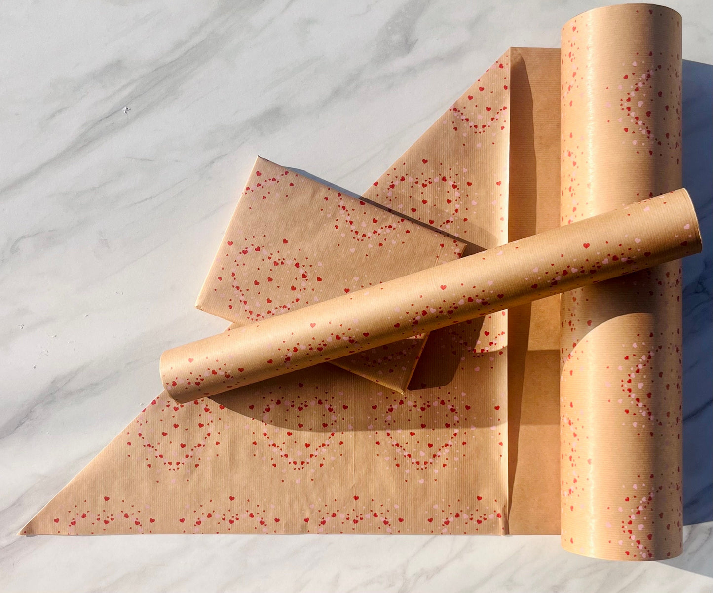 Wrapping Paper Pink Red Confetti Hearts 50CM Wide Eco Friendly, 100% Recycled Kraft | Recyclable, Sustainable, Plastic Free Gift Wrap