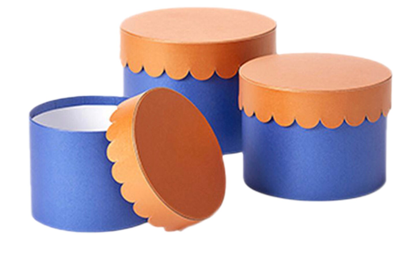 Hat Boxes Set Of 3 Scalloped Round Storage Boxes Contrast Lid, Marino Blue Base, Tango Orange Lid, Designer Flower Pot, Eco Friendly