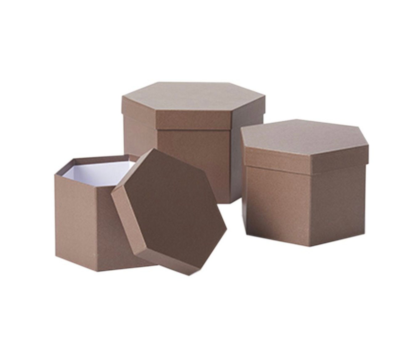 Hat Boxes Set Of 3 Hexagonal Storage Boxes, Brick Brown, Designer Flower Pot, Eco Friendly Matching Wrapping Paper & Ribbons Available