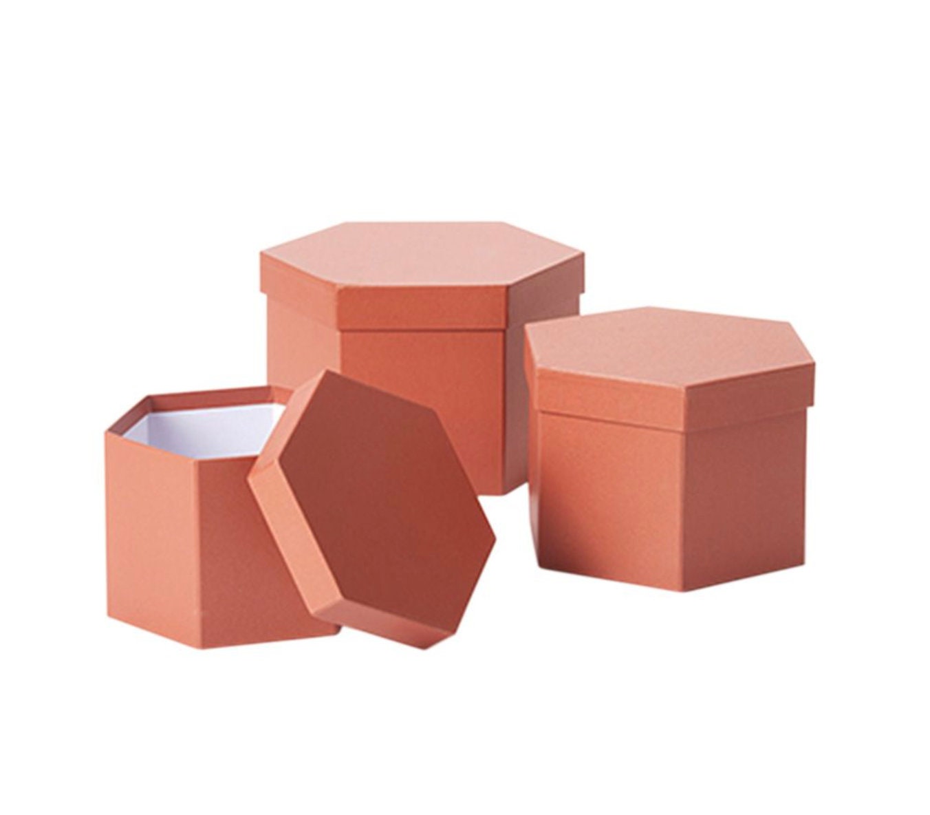 Hat Boxes Set Of 3 Hexagonal Storage Boxes, Orange Clay Brown, Designer Flower Pot, Eco Friendly Matching Wrapping Paper & Ribbons Available