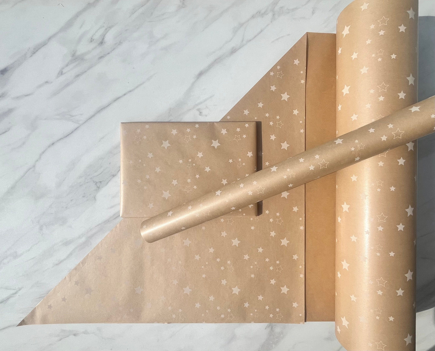 Christmas Wrapping Paper White Stars 50CM Wide Eco Friendly, 100% Recycled Kraft | Recyclable, Sustainable, Plastic Free Gift Wrap