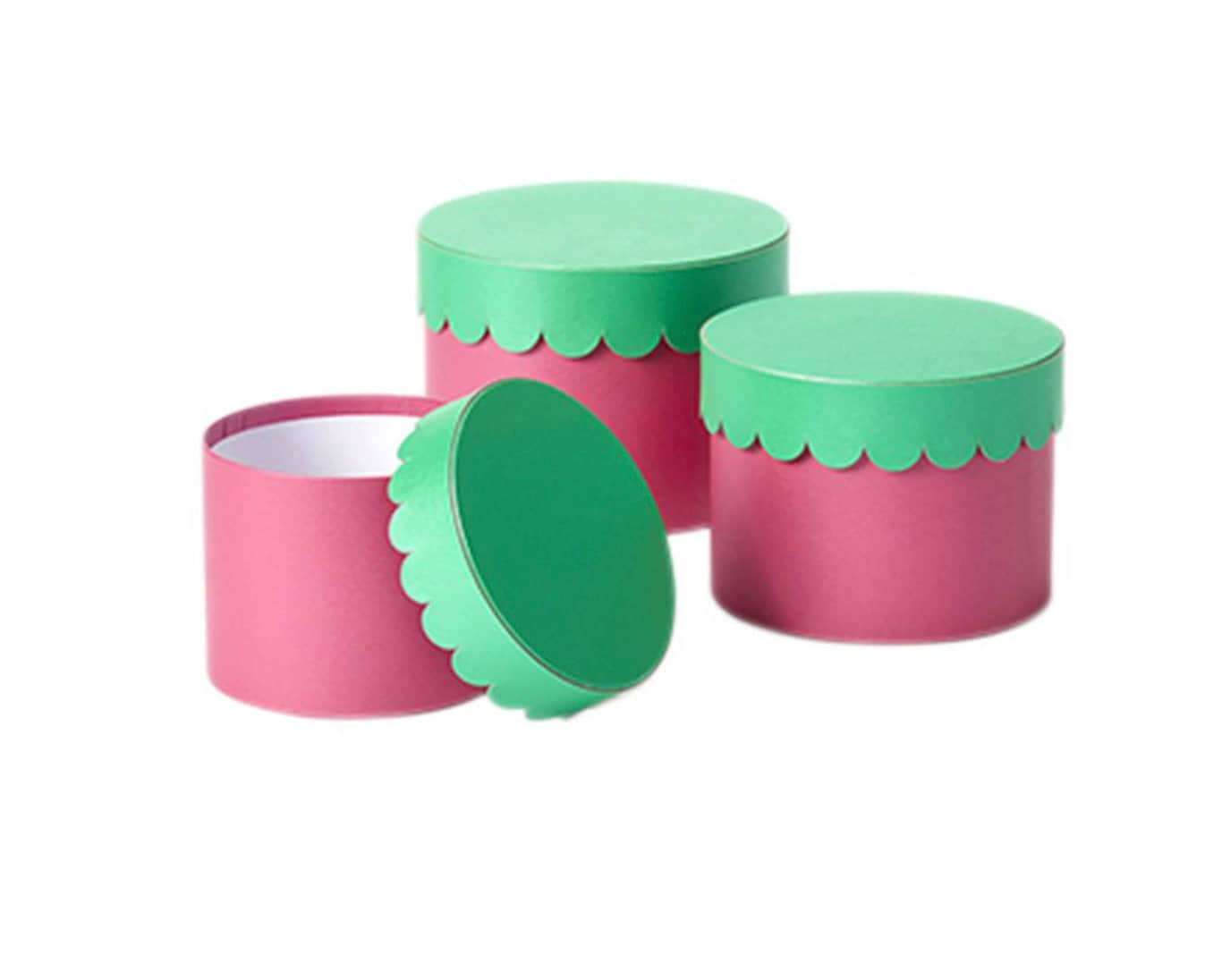 Hat Boxes Set Of 3 Scalloped Round Storage Boxes Contrast Lid, Rosa Pink Base, Viva Green Lid, Designer Flower Pot, Eco Friendly