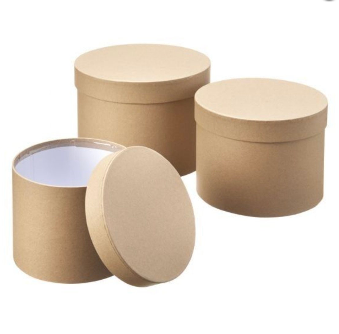 Hat Boxes Set Of 3 Round Storage Boxes, Natural Kraft, Designer Flower Pot, Eco Friendly,