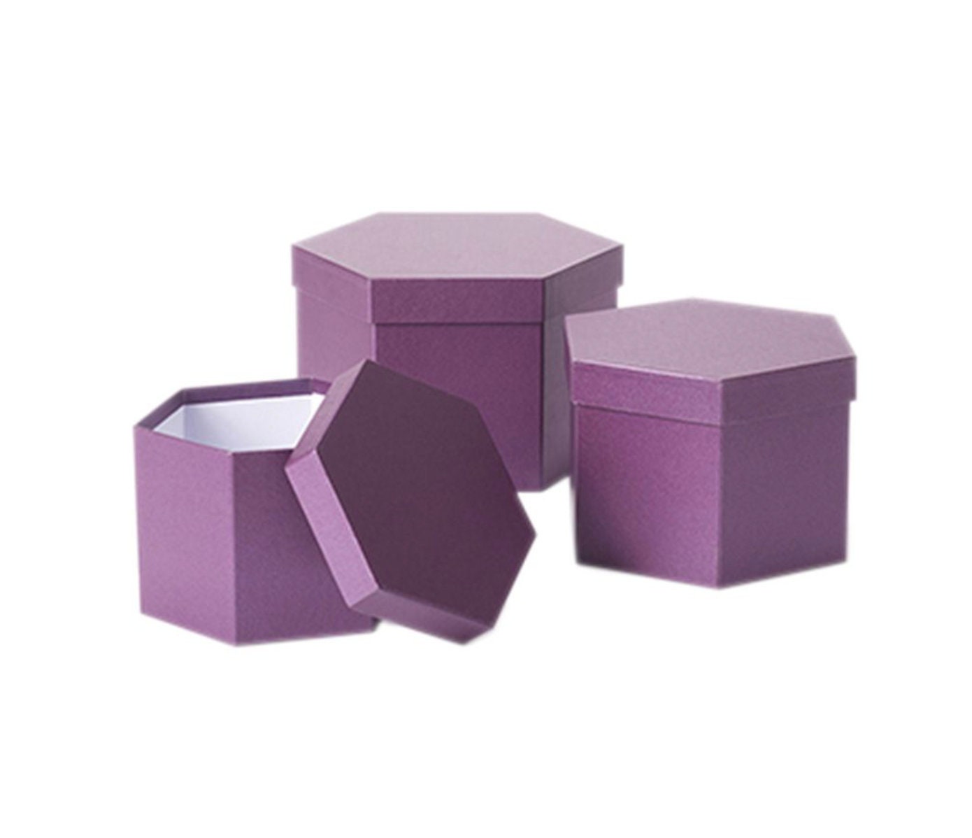 Hat Boxes Set Of 3 Hexagonal Storage Boxes, Purple Berry, Designer Flower Pot, Eco Friendly Matching Wrapping Paper & Ribbons Available