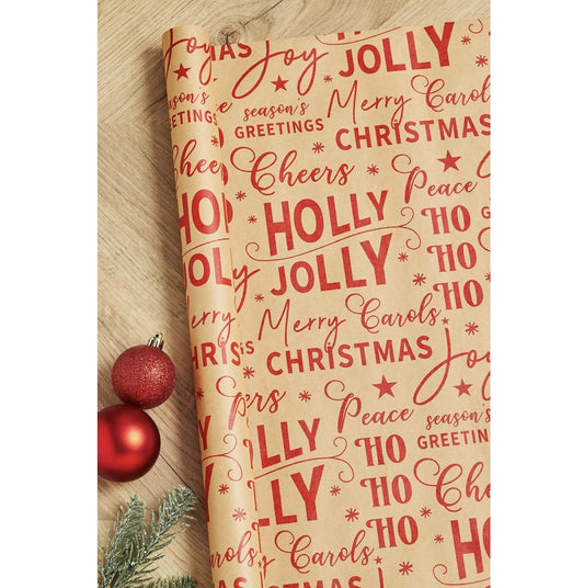 Holly Jolly 5 Metres Luxury Christmas Eco Friendly Kraft Gift Wrapping Paper, 100% Recycled & Recyclable Delivered In Eco Friendly Packaging