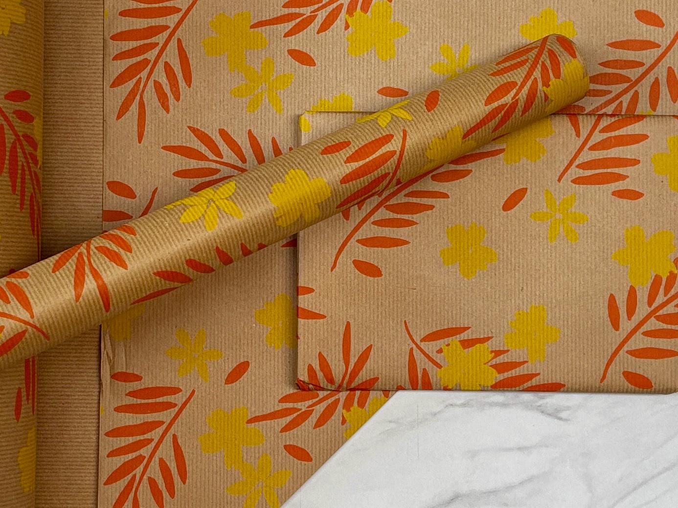 Wrapping Paper Orange Yellow Floral 50CM Wide Eco Friendly, 100% Recycled Kraft