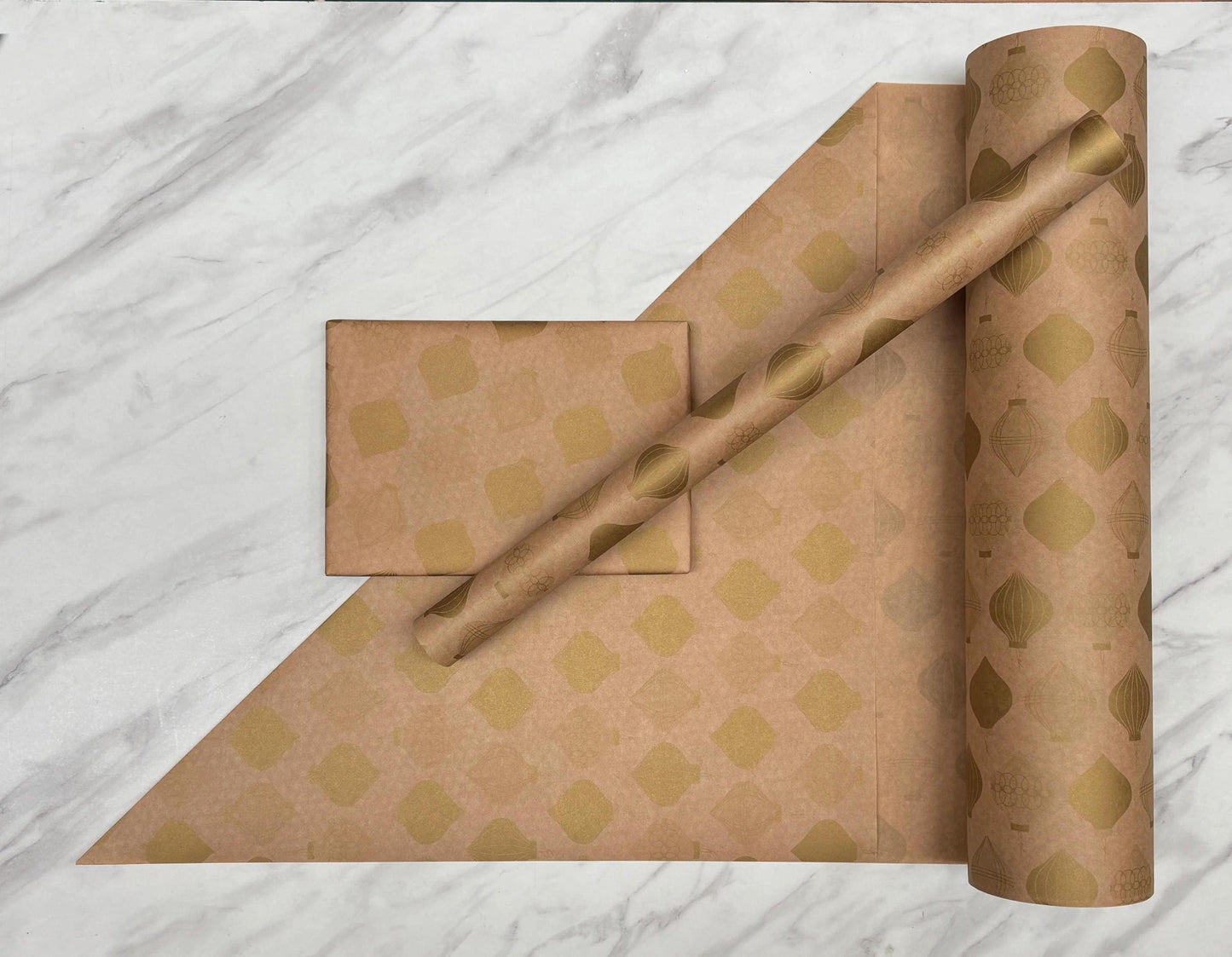 Christmas Wrapping Paper Gold Baubles 50CM Wide Eco Friendly, 100% Recycled Kraft | Recyclable, Sustainable, Plastic Free Gift Wrap