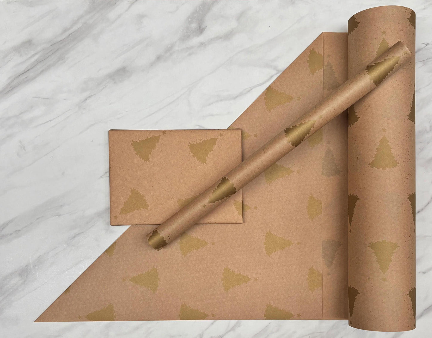 Christmas Wrapping Paper Gold Trees 50CM Wide Eco Friendly, 100% Recycled Kraft | Recyclable, Sustainable, Plastic Free Gift Wrap