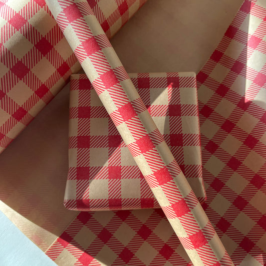 Wrapping Paper Red Gingham Check 50CM Wide Eco Friendly, 100% Recycled Kraft | Recyclable, Sustainable, Plastic Free Gift Wrap