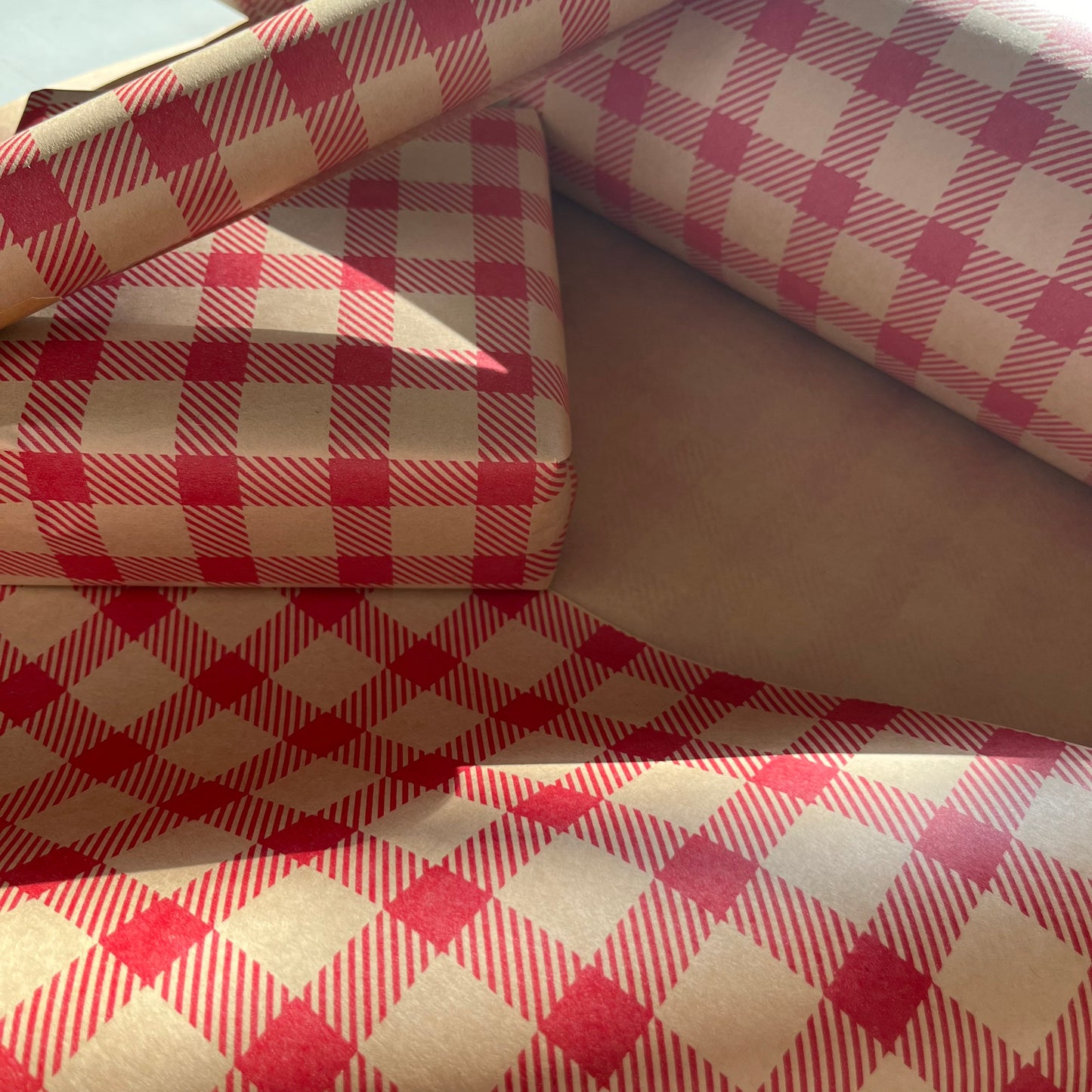 Wrapping Paper Red Gingham Check 50CM Wide Eco Friendly, 100% Recycled Kraft | Recyclable, Sustainable, Plastic Free Gift Wrap