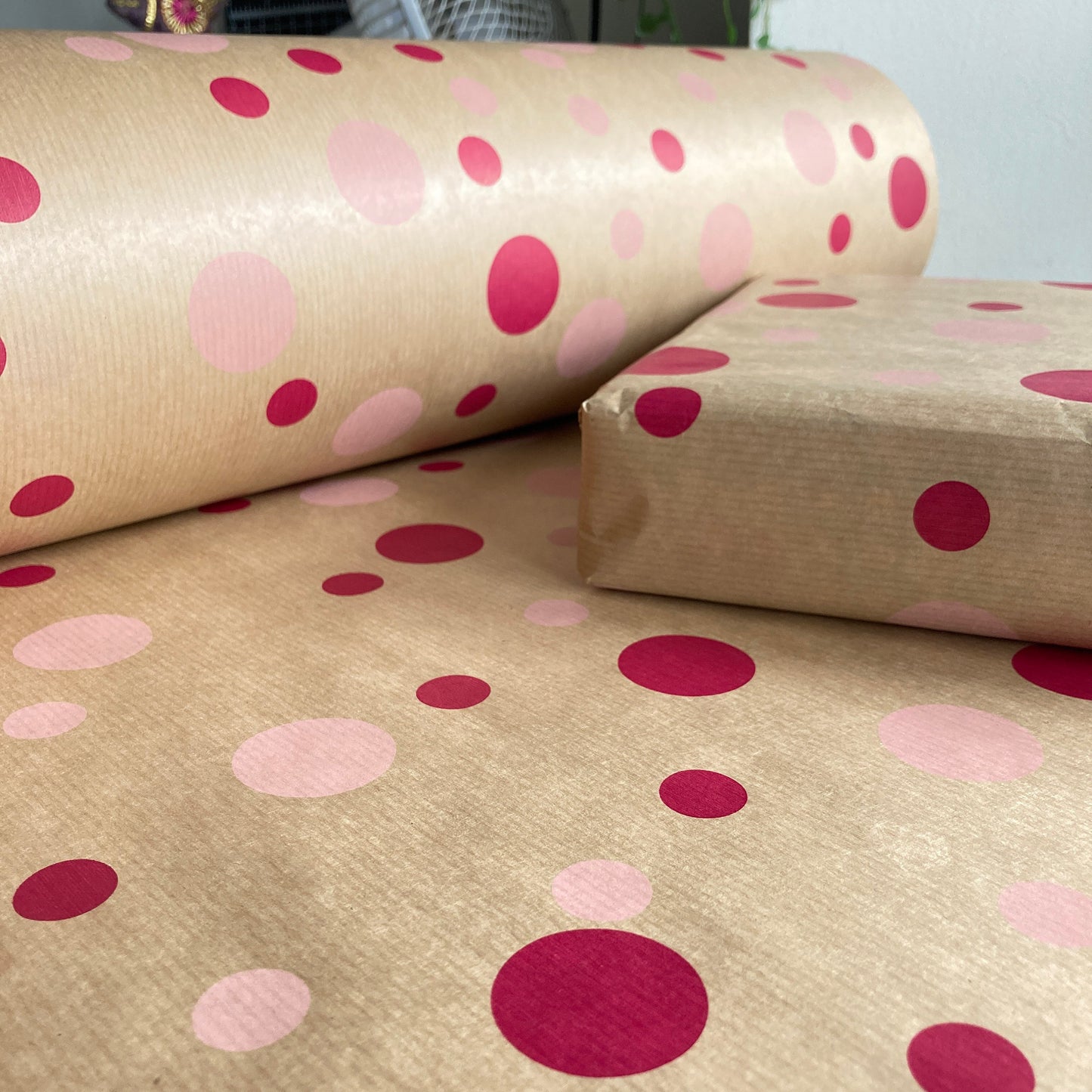 Wrapping Paper Pink Polka Dot 50CM Wide Eco Friendly, 100% Recycled Kraft | Recyclable, Sustainable, Plastic Free Gift Wrap