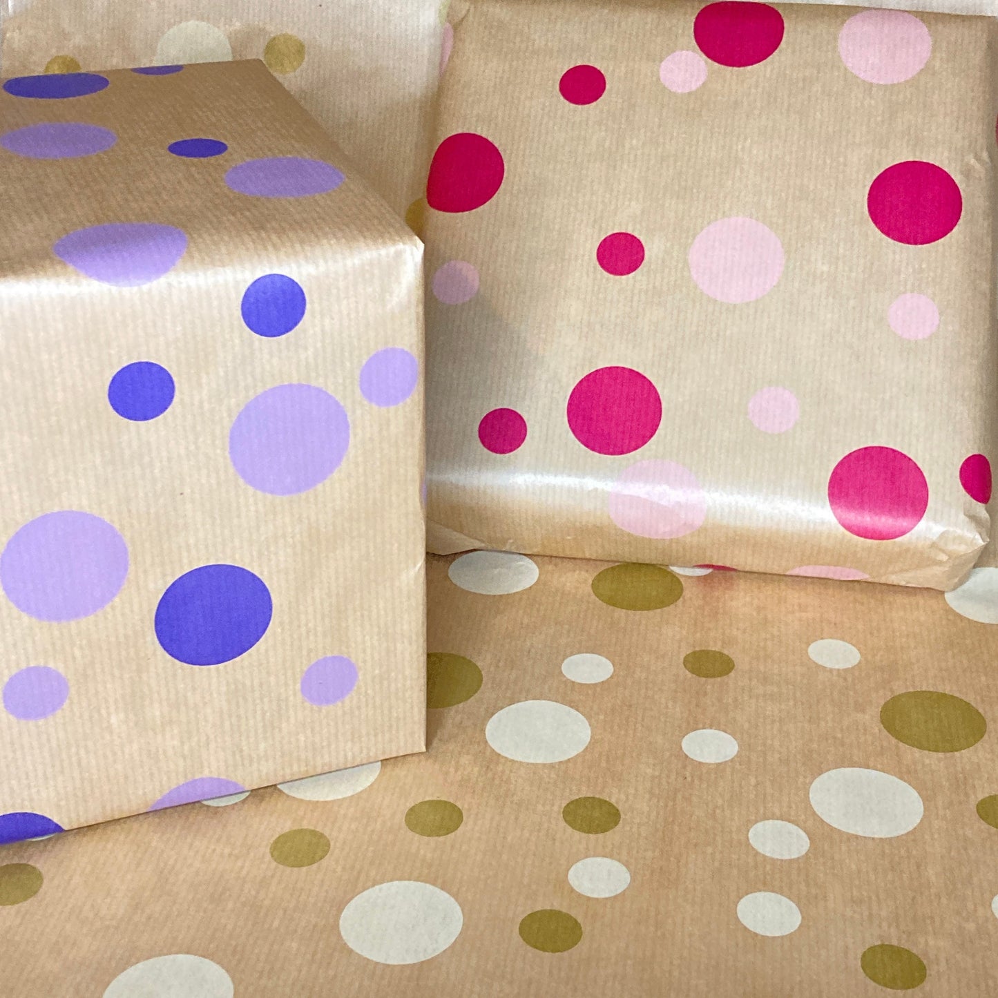 Wrapping Paper Purple Lilac Polka 50CM Wide Eco Friendly, 100% Recycled Kraft | Recyclable, Sustainable, Plastic Free Gift Wrap