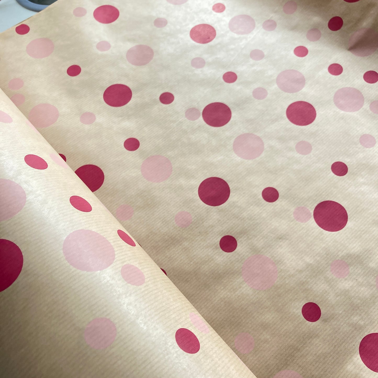 Wrapping Paper Pink Polka Dot 50CM Wide Eco Friendly, 100% Recycled Kraft | Recyclable, Sustainable, Plastic Free Gift Wrap