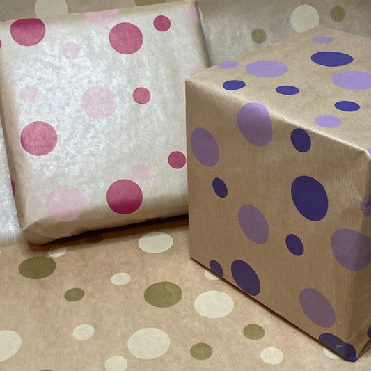 Wrapping Paper Gold Polka Dot 50CM Wide Eco Friendly, 100% Recycled Kraft | Recyclable, Sustainable, Plastic Free Gift Wrap