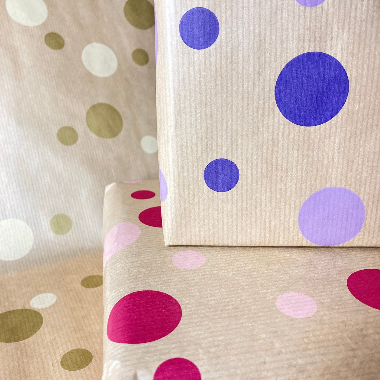 Wrapping Paper Purple Lilac Polka 50CM Wide Eco Friendly, 100% Recycled Kraft | Recyclable, Sustainable, Plastic Free Gift Wrap