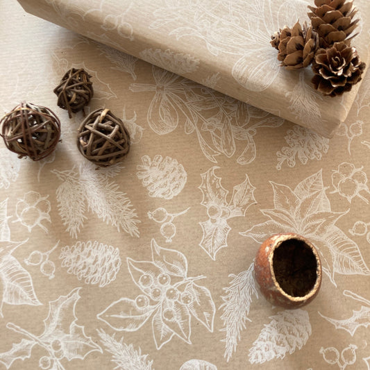 Wrapping Paper Christmas White Foliage 50CM Wide Eco Friendly, 100% Recycled Kraft | Recyclable, Sustainable, Plastic Free Gift Wrap