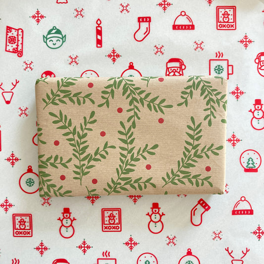 Wrapping Paper Christmas Festive Foliage 50CM Wide Eco Friendly, 100% Recycled Kraft | Recyclable, Sustainable, Plastic Free Gift Wrap