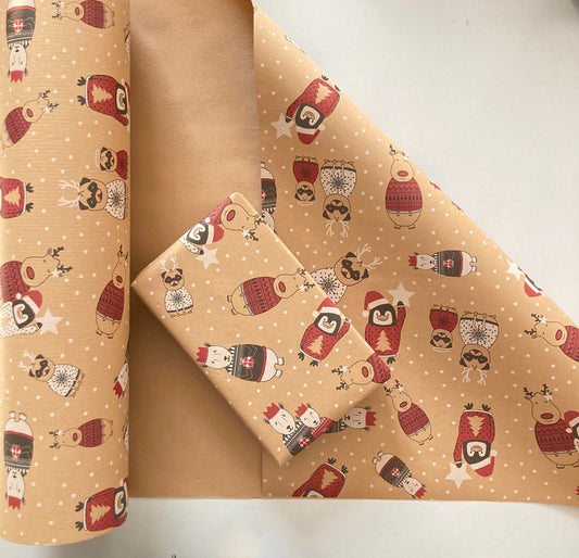 Wrapping Paper Christmas Companions 50CM Wide Eco Friendly, 100% Recycled Kraft | Recyclable, Sustainable, Plastic Free Gift Wrap