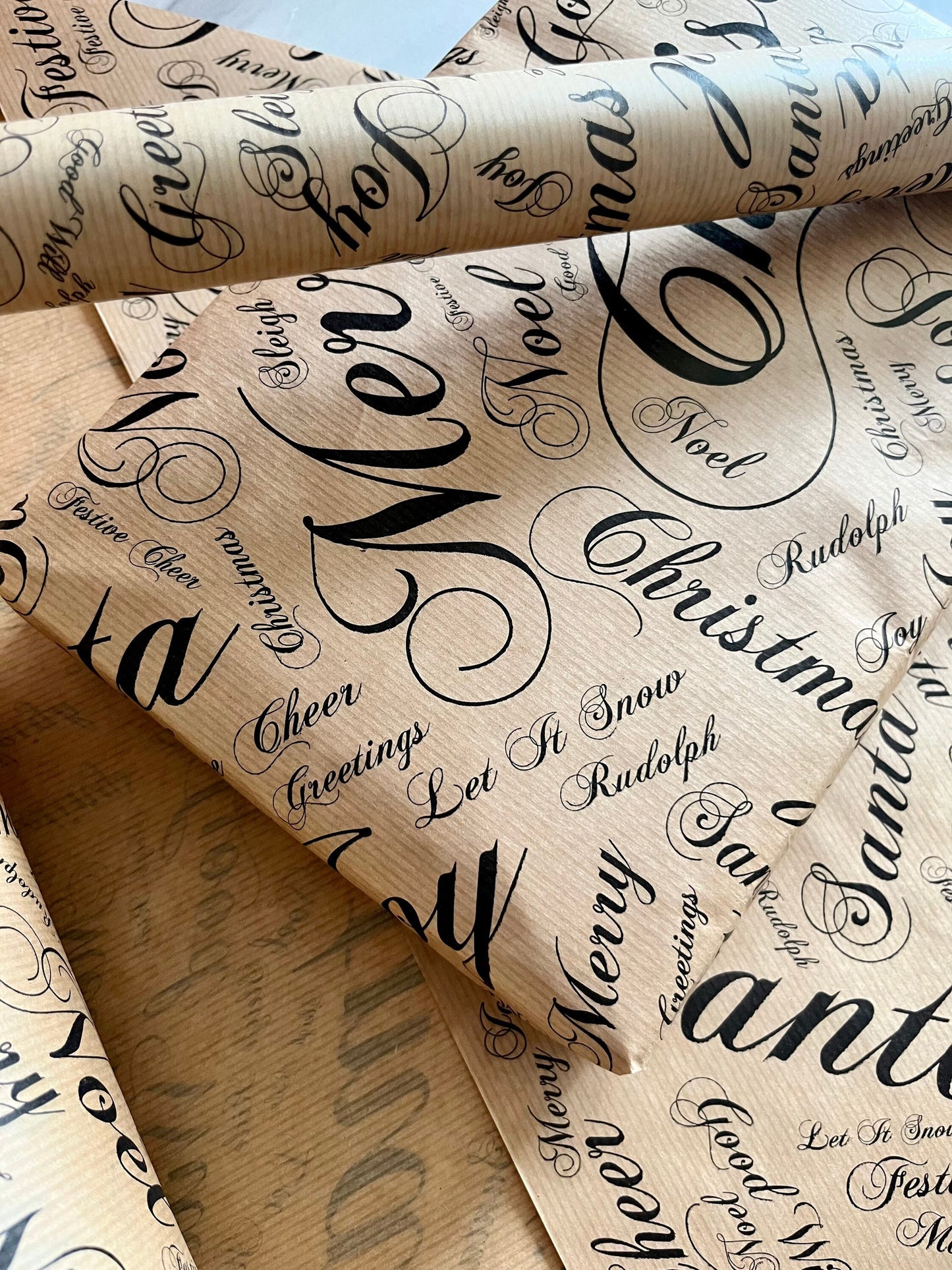 Wrapping Paper Christmas Season Greetings 50CM Wide Eco Friendly, 100% Recycled Kraft | Recyclable, Sustainable, Plastic Free Gift Wrap