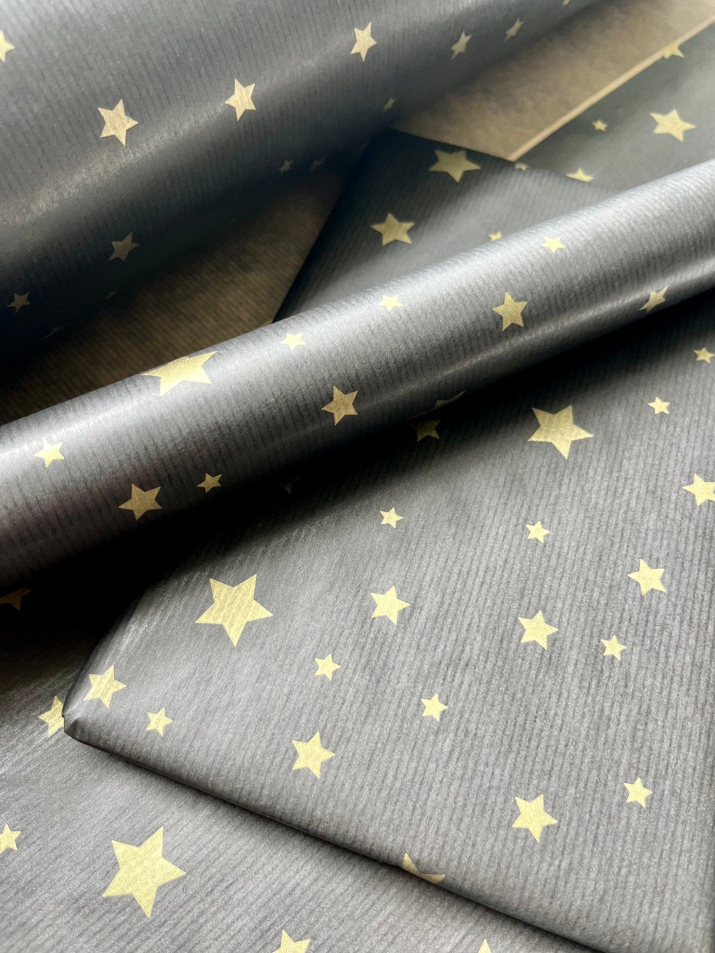 Wrapping Paper Christmas Black Gold Star 50CM Wide Eco Friendly, 100% Recycled Kraft | Recyclable, Sustainable, Plastic Free Gift Wrap