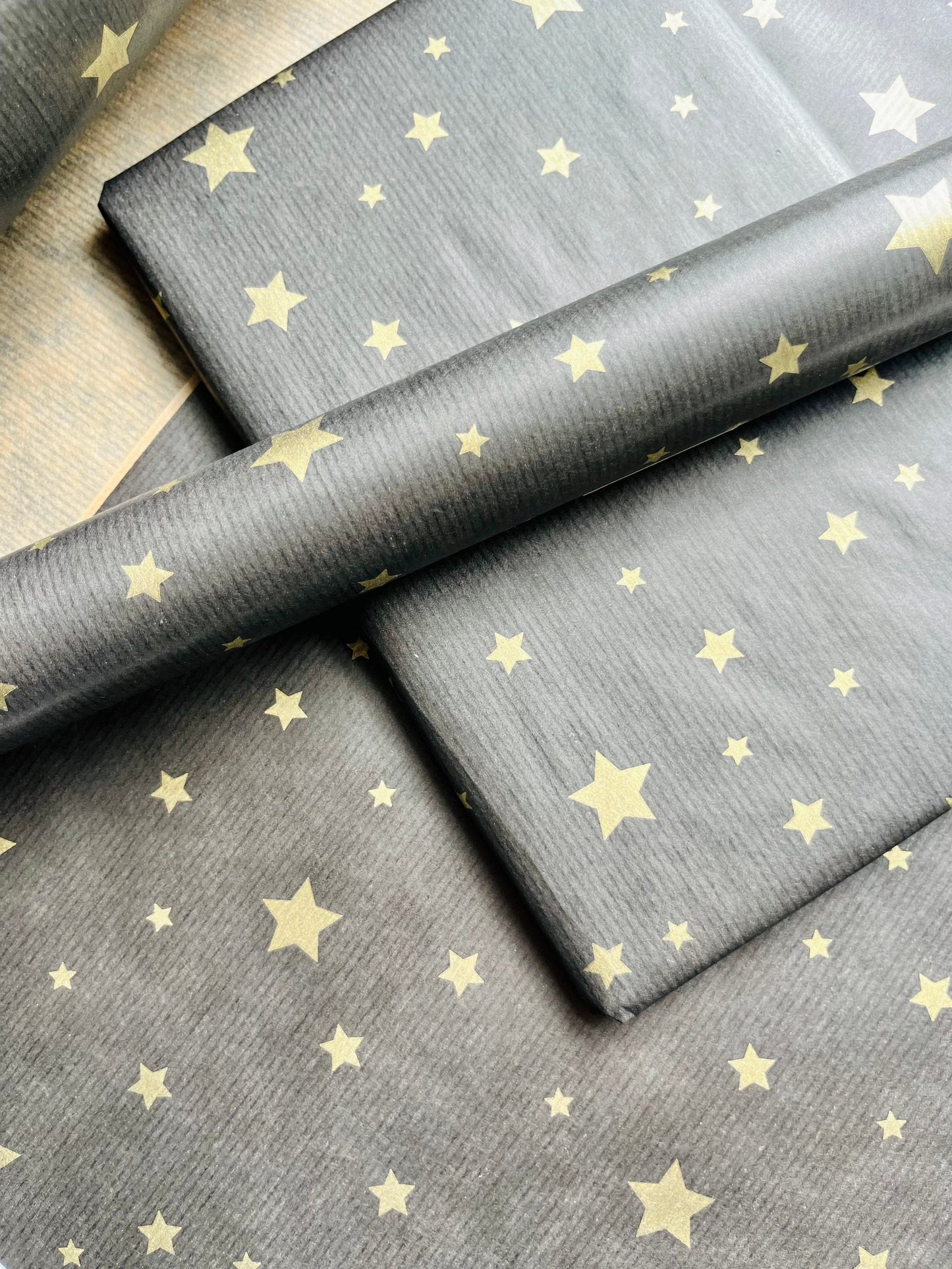Wrapping Paper Christmas Black Gold Star 50CM Wide Eco Friendly, 100% Recycled Kraft | Recyclable, Sustainable, Plastic Free Gift Wrap