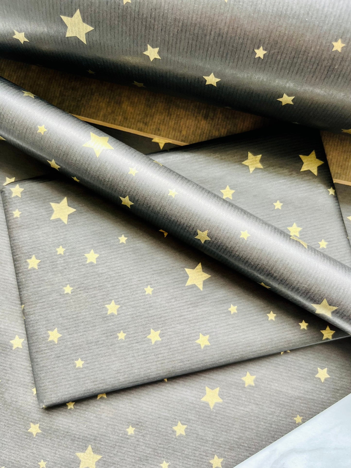 Wrapping Paper Christmas Black Gold Star 50CM Wide Eco Friendly, 100% Recycled Kraft | Recyclable, Sustainable, Plastic Free Gift Wrap