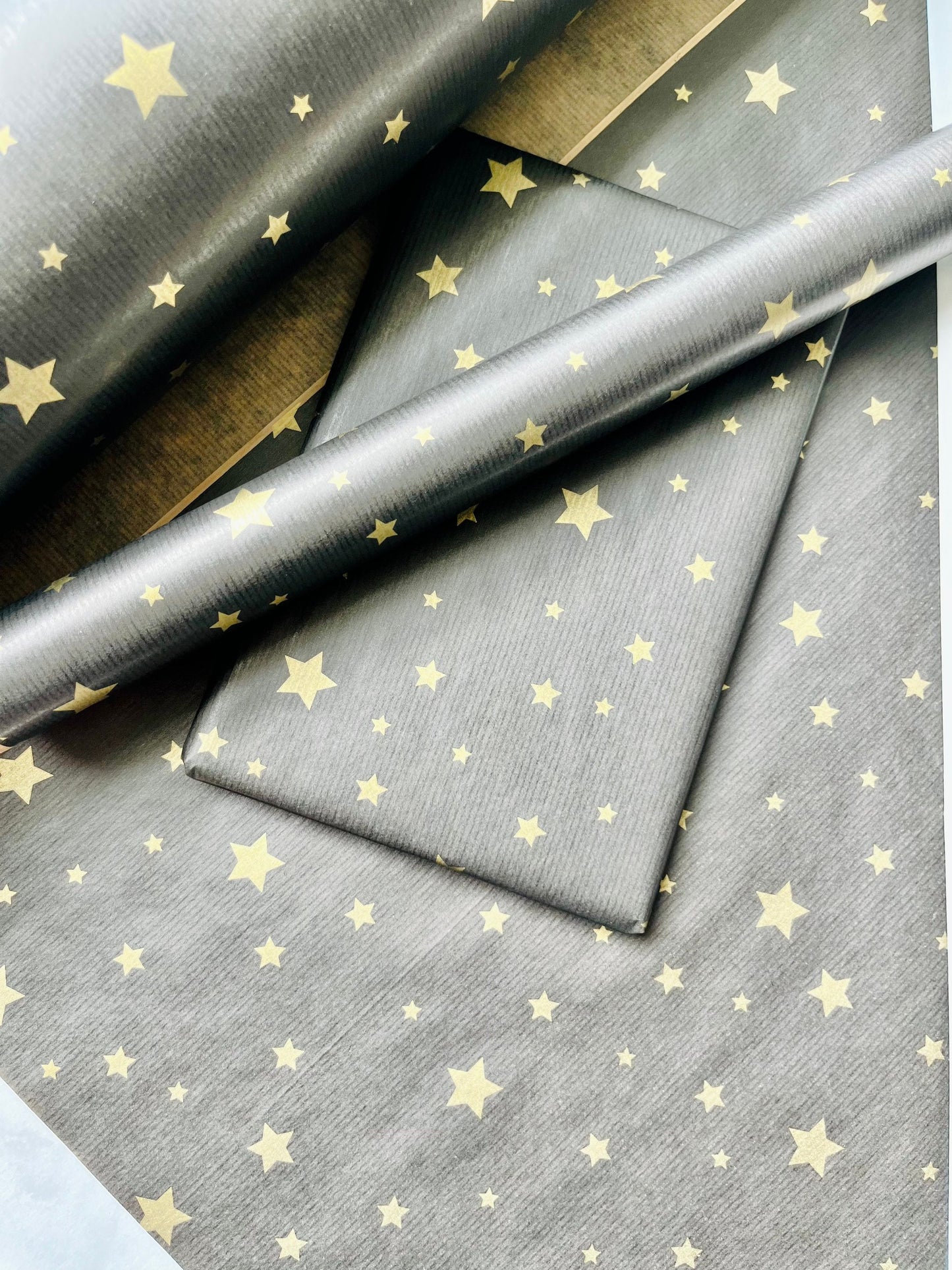 Wrapping Paper Christmas Black Gold Star 50CM Wide Eco Friendly, 100% Recycled Kraft | Recyclable, Sustainable, Plastic Free Gift Wrap