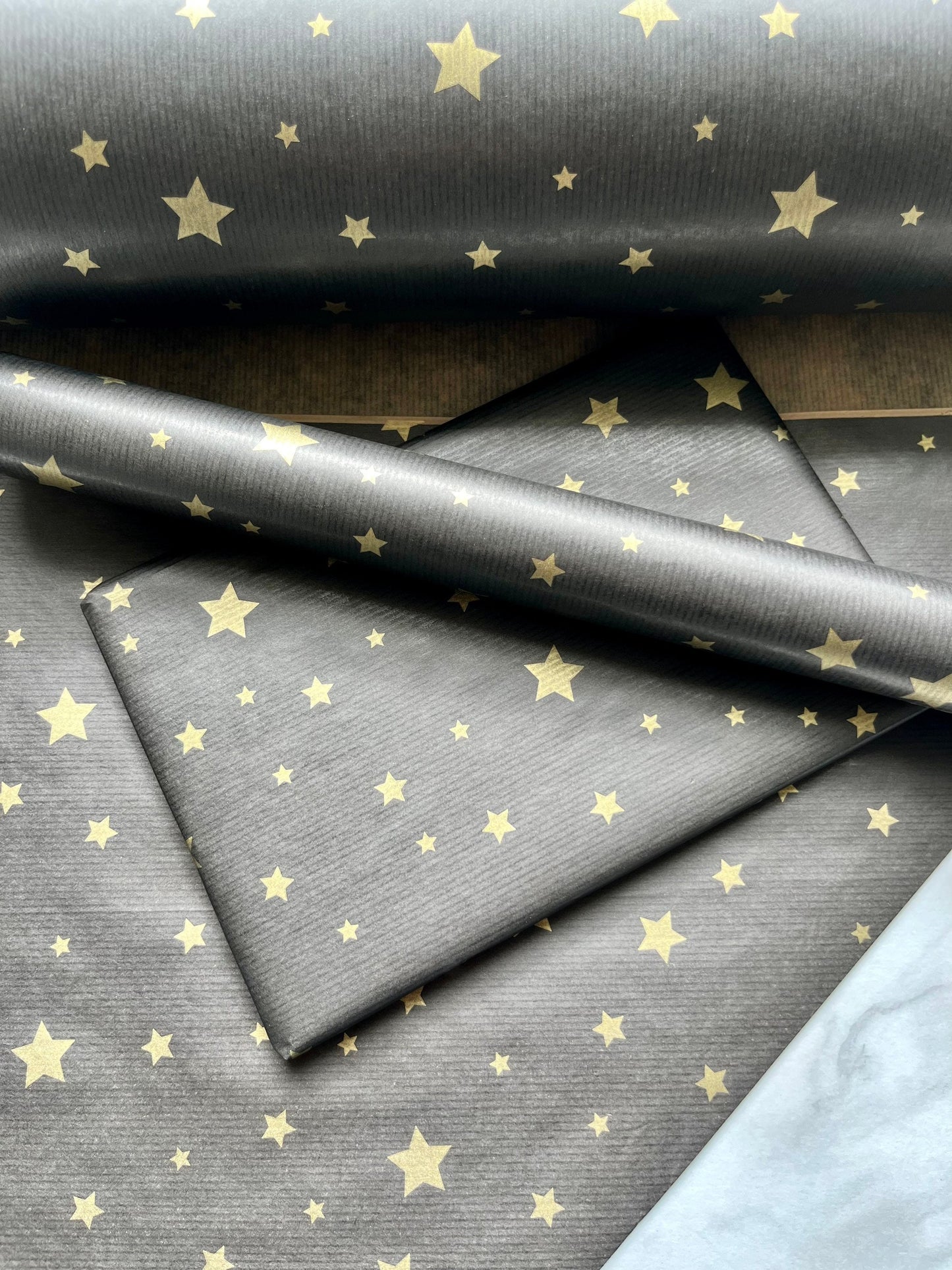 Wrapping Paper Christmas Black Gold Star 50CM Wide Eco Friendly, 100% Recycled Kraft | Recyclable, Sustainable, Plastic Free Gift Wrap