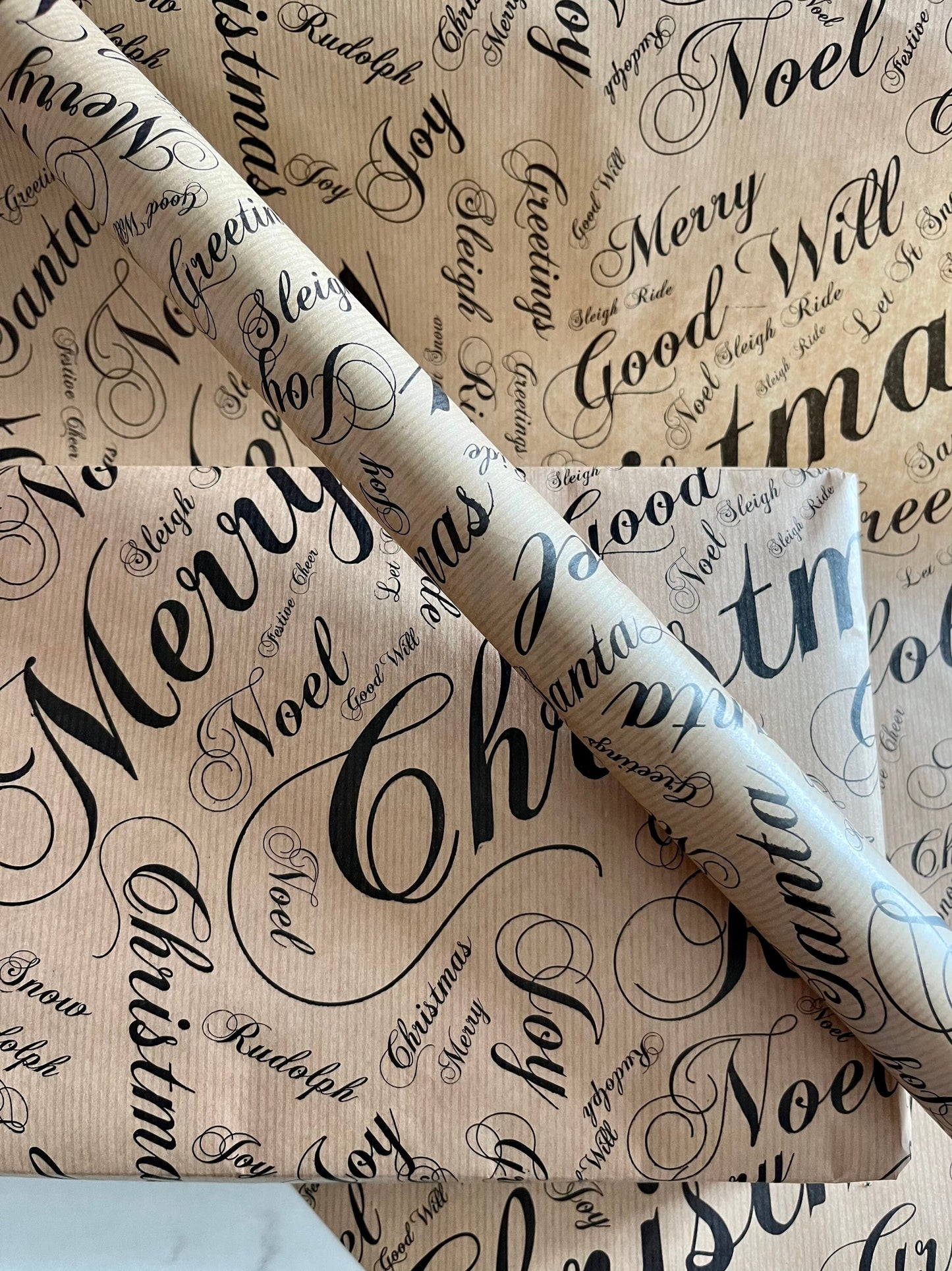 Wrapping Paper Christmas Season Greetings 50CM Wide Eco Friendly, 100% Recycled Kraft | Recyclable, Sustainable, Plastic Free Gift Wrap