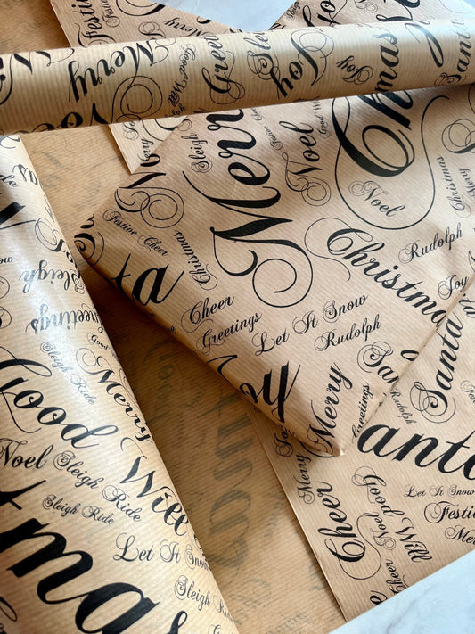 Wrapping Paper Christmas Season Greetings 50CM Wide Eco Friendly, 100% Recycled Kraft | Recyclable, Sustainable, Plastic Free Gift Wrap