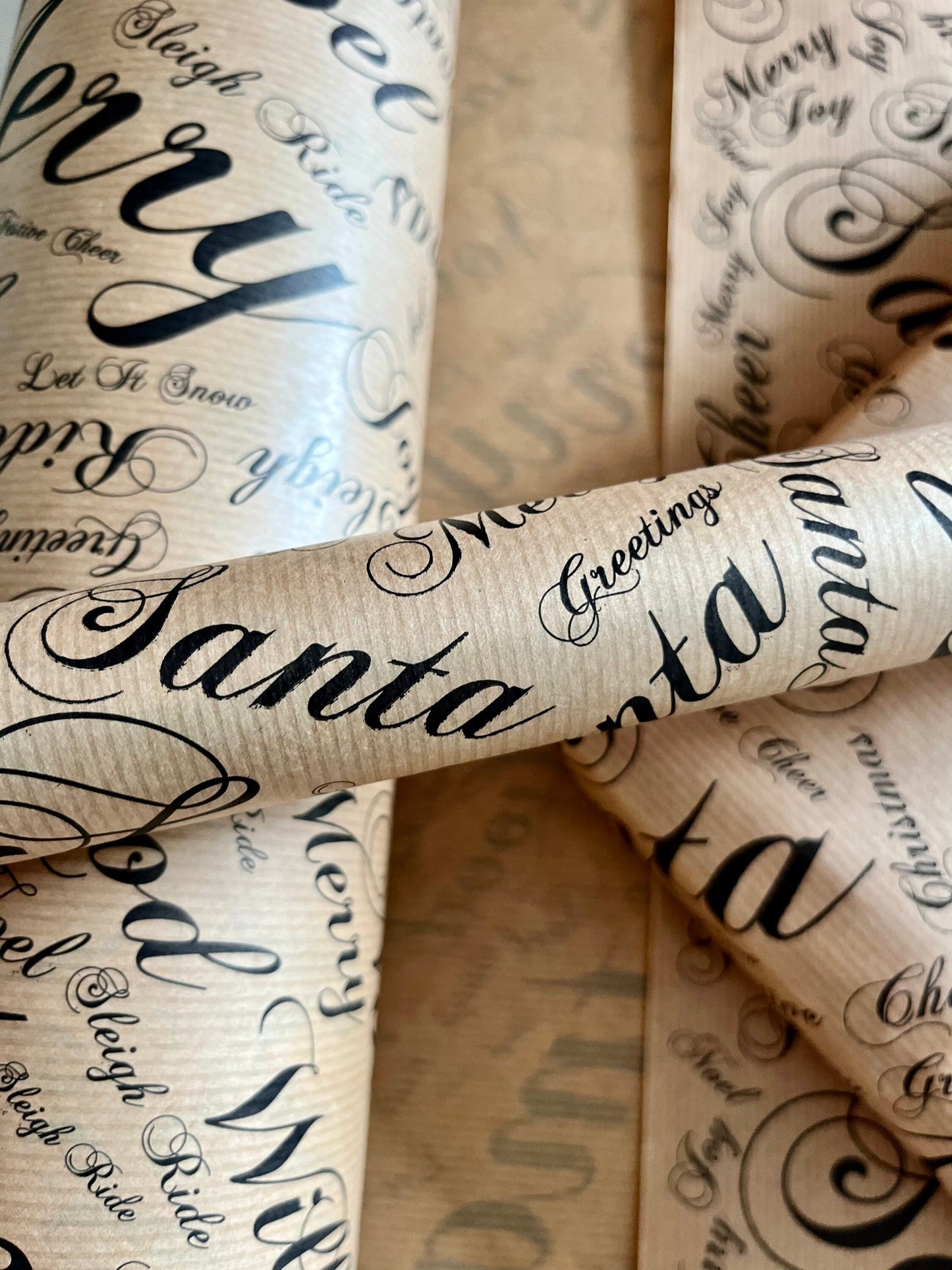 Wrapping Paper Christmas Season Greetings 50CM Wide Eco Friendly, 100% Recycled Kraft | Recyclable, Sustainable, Plastic Free Gift Wrap