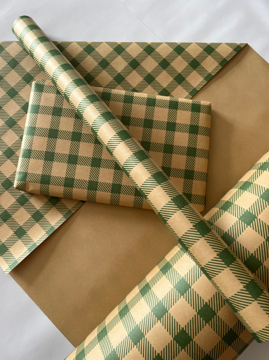 Wrapping Paper Green Gingham 50CM Wide Eco Friendly, 100% Recycled Kraft | Recyclable, Sustainable, Plastic Free Gift Wrap