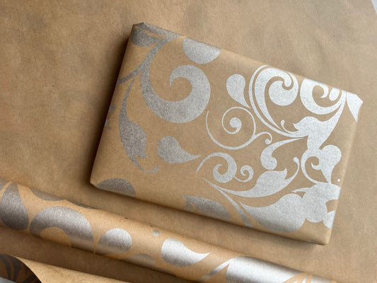 Wrapping Paper Silver Swish 50CM Wide Eco Friendly, 100% Recycled Kraft | Recyclable, Sustainable, Plastic Free Gift Wrap