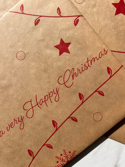 Wrapping Paper Christmas Red Writing 50CM Wide Eco Friendly, 100% Recycled Kraft | Recyclable, Sustainable, Plastic Free Gift Wrap