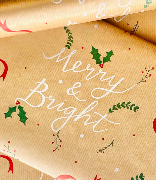 Wrapping Paper Christmas Merry & Bright 50CM Wide Eco Friendly, 100% Recycled Kraft | Recyclable, Sustainable, Plastic Free Gift Wrap