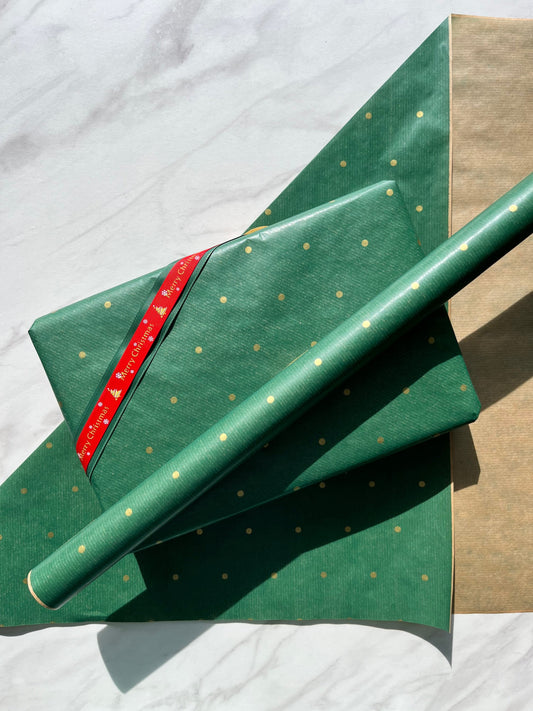 Wrapping Paper Christmas Green Gold Polka Dot 50CM Wide Eco Friendly, 100% Recycled Kraft | Recyclable, Sustainable, Plastic Free Gift Wrap