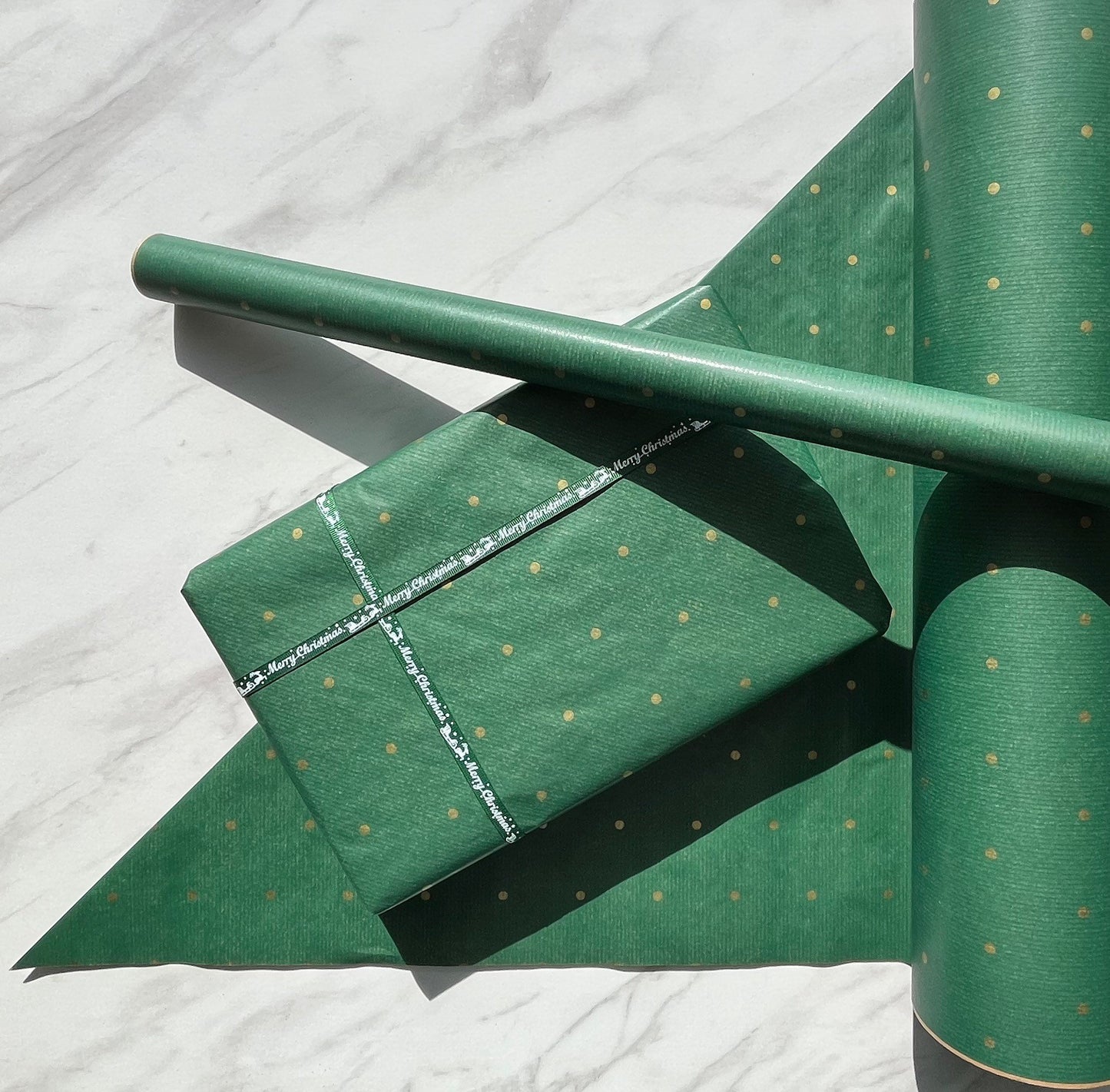 Wrapping Paper Christmas Green Gold Polka Dot 50CM Wide Eco Friendly, 100% Recycled Kraft | Recyclable, Sustainable, Plastic Free Gift Wrap