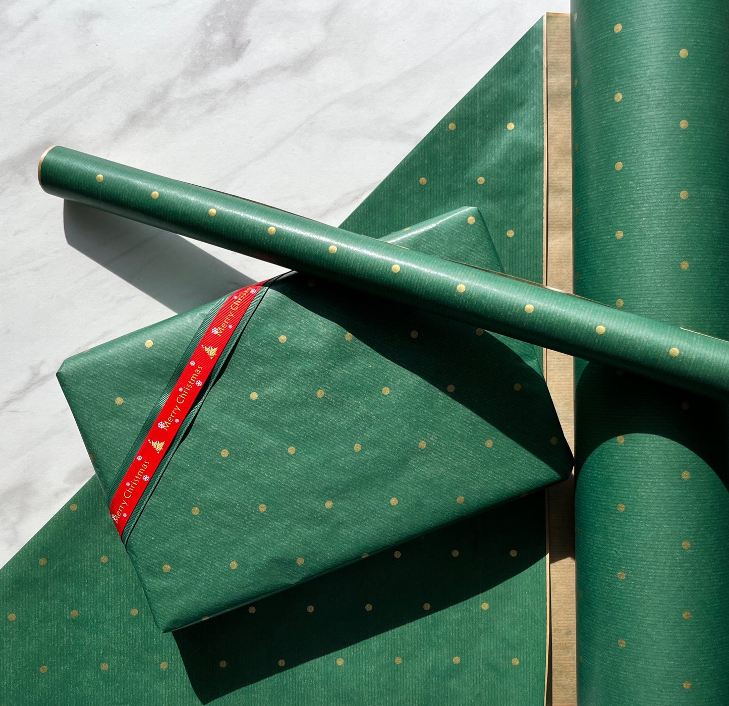 Wrapping Paper Christmas Green Gold Polka Dot 50CM Wide Eco Friendly, 100% Recycled Kraft | Recyclable, Sustainable, Plastic Free Gift Wrap