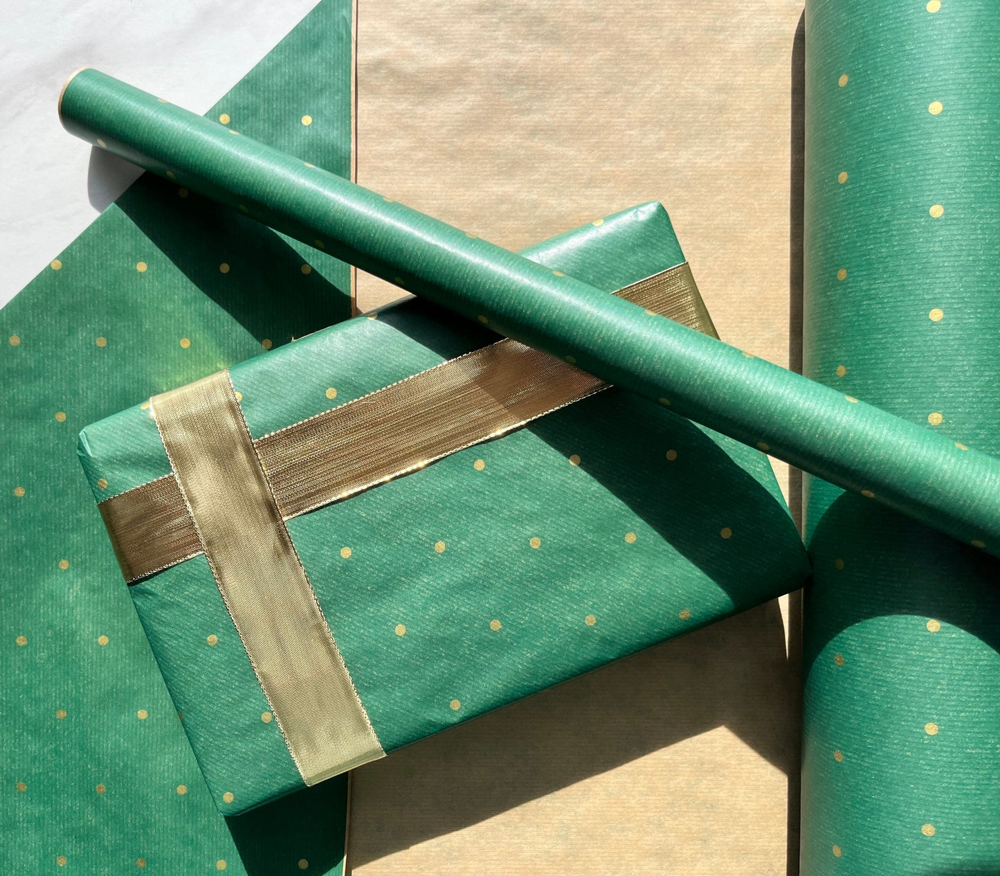 Wrapping Paper Christmas Green Gold Polka Dot 50CM Wide Eco Friendly, 100% Recycled Kraft | Recyclable, Sustainable, Plastic Free Gift Wrap