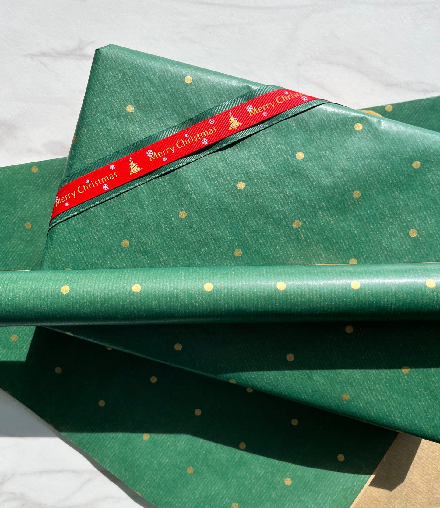 Wrapping Paper Christmas Green Gold Polka Dot 50CM Wide Eco Friendly, 100% Recycled Kraft | Recyclable, Sustainable, Plastic Free Gift Wrap