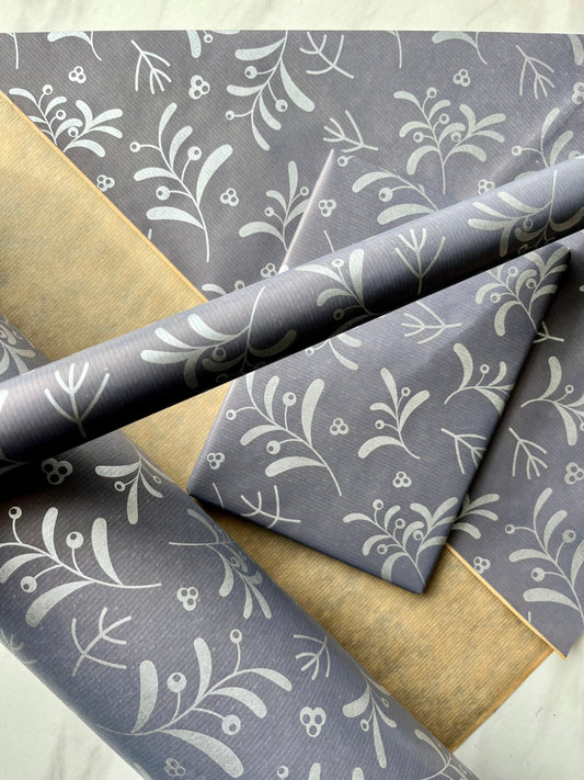Wrapping Paper Christmas Navy Blue Silver Mistletoe 50CM Wide Eco Friendly, 100% Recycled Kraft | Recyclable, Sustainable, Plastic Free Gift