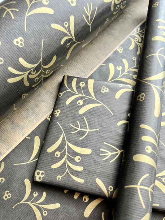 Wrapping Paper Christmas Black Gold Mistletoe 50CM Wide Eco Friendly, 100% Recycled Kraft | Recyclable, Sustainable, Plastic Free Gift Wrap