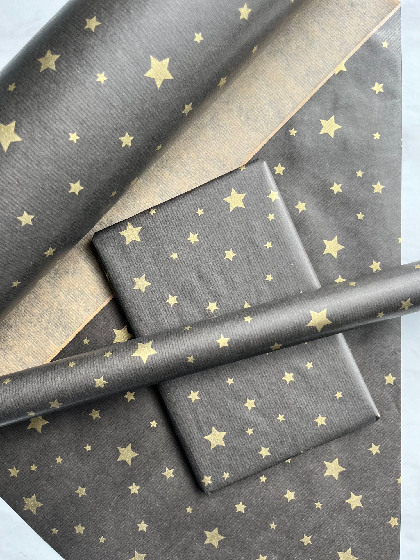 Wrapping Paper Christmas Black Gold Star 50CM Wide Eco Friendly, 100% Recycled Kraft | Recyclable, Sustainable, Plastic Free Gift Wrap