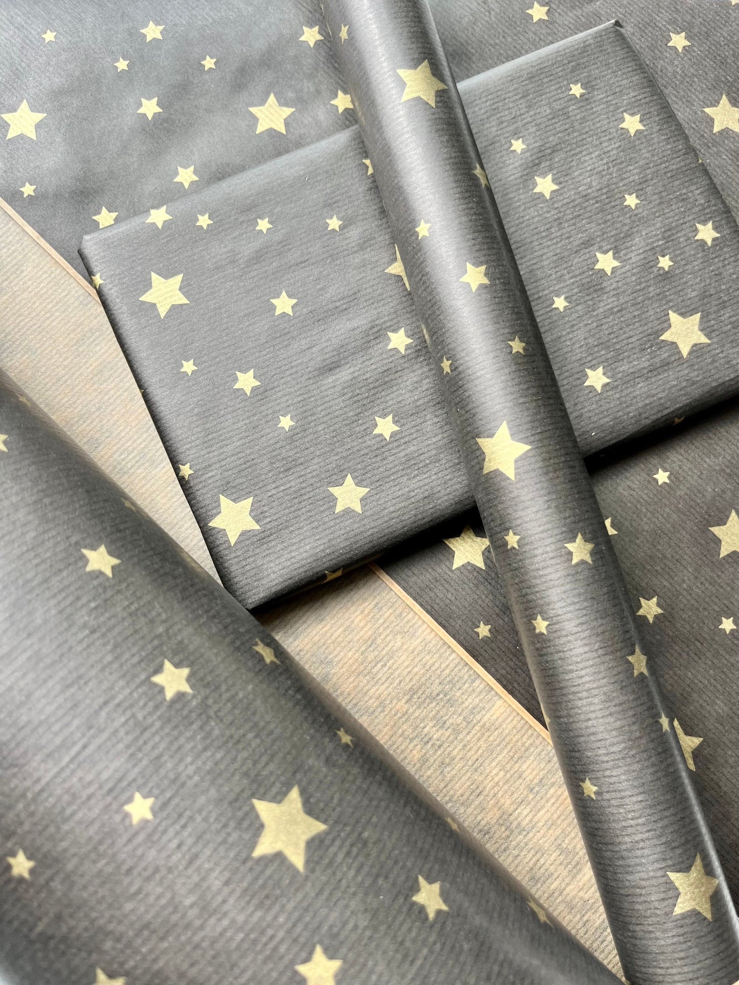 Wrapping Paper Christmas Black Gold Star 50CM Wide Eco Friendly, 100% Recycled Kraft | Recyclable, Sustainable, Plastic Free Gift Wrap