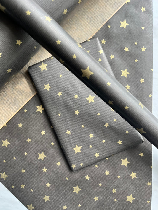 Wrapping Paper Christmas Black Gold Star 50CM Wide Eco Friendly, 100% Recycled Kraft | Recyclable, Sustainable, Plastic Free Gift Wrap