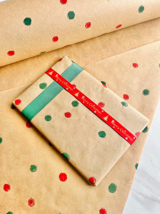 Wrapping Paper Green And Red Polka Dot 50CM Wide Eco Friendly, 100% Recycled Kraft | Recyclable, Sustainable, Plastic Free Gift Wrap