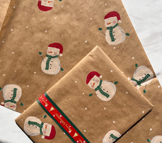 Wrapping Paper Christmas Snowman 50CM Wide Eco Friendly, 100% Recycled Kraft | Recyclable, Sustainable, Plastic Free Gift Wrap