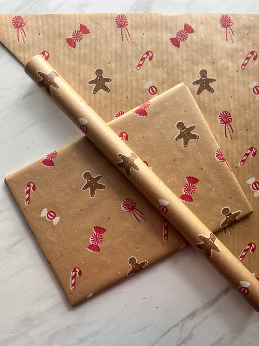 Wrapping Paper Christmas Gingerbread 50CM Wide Eco Friendly, 100% Recycled Kraft | Recyclable, Sustainable, Plastic Free Gift Wrap