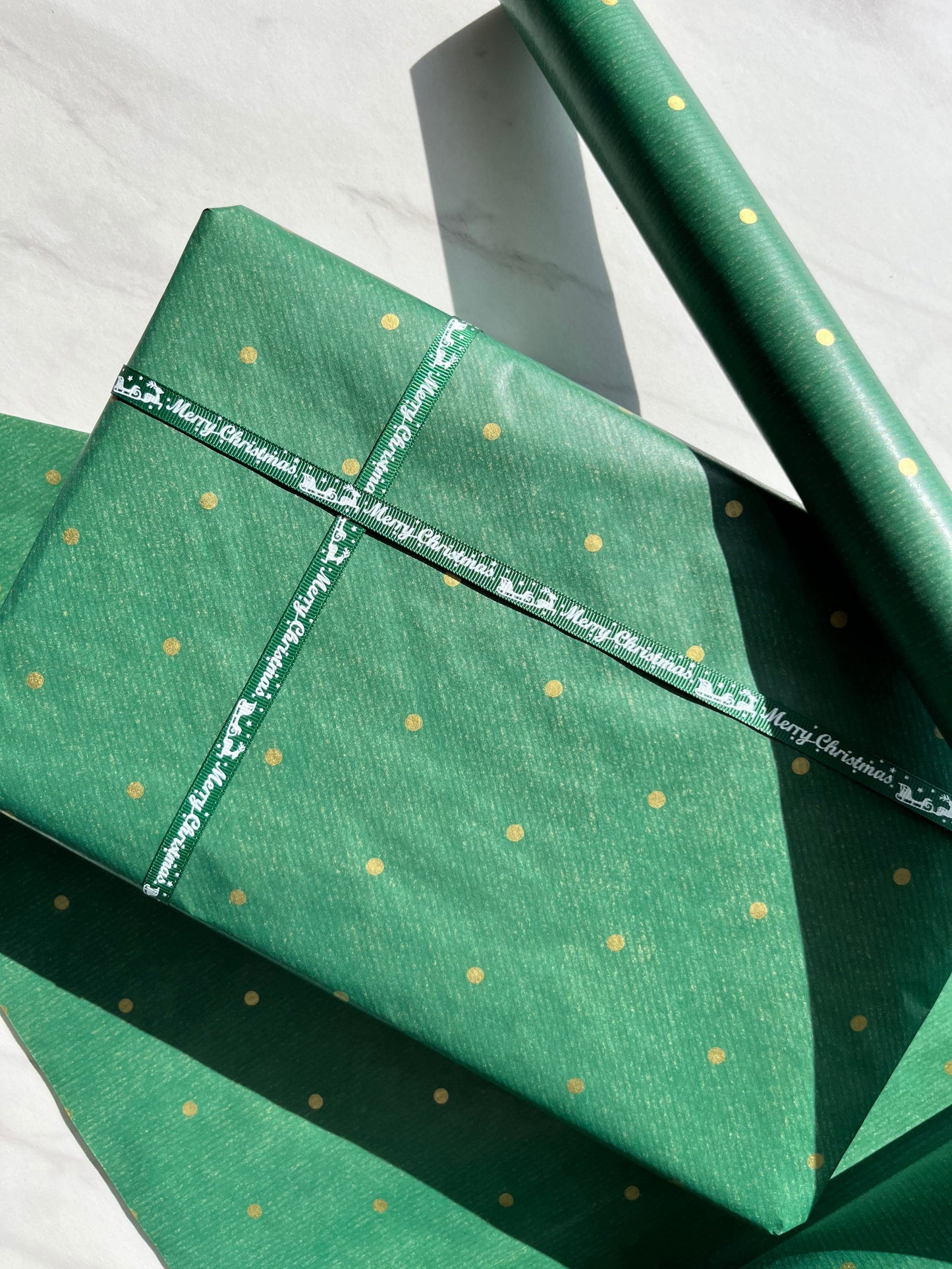 Wrapping Paper Christmas Green Gold Polka Dot 50CM Wide Eco Friendly, 100% Recycled Kraft | Recyclable, Sustainable, Plastic Free Gift Wrap